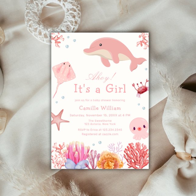 Convite Rosa Sob O Chá de fraldas Da Garota Do Golfinho (Pink Ahoy Under The Sea Dolphin Girl Baby Shower Invitation)
