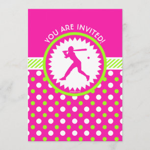 Convite Rosa Softball Personalizado - Pontos Polka Verdes