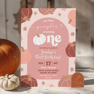 Convite Rosa Suave Abóbora Floral Retro Aniversário de 1 A