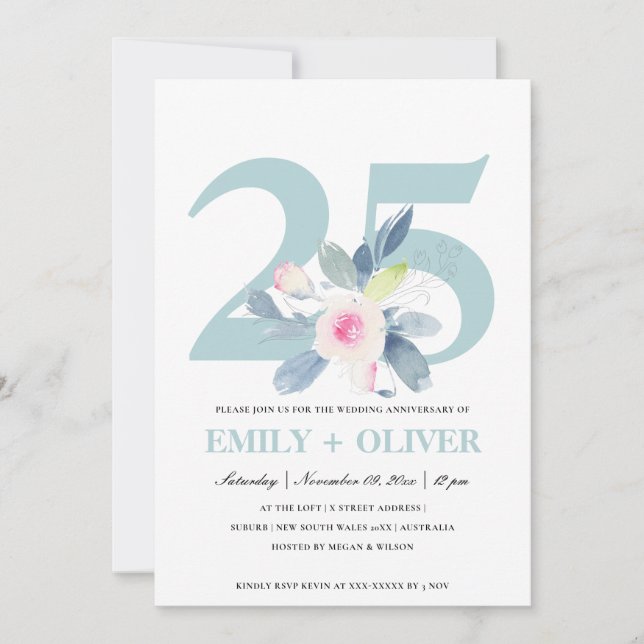 CONVITE ROSA SUAVE AZUL FLORAL 25º ANIVERSÁRIO DE QUALQUER (Frente)