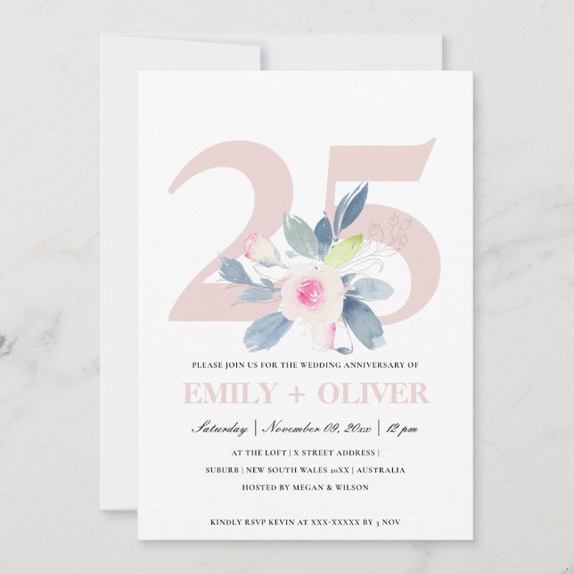 CONVITE ROSA SUAVE AZUL FLORAL 25º ANIVERSÁRIO DE QUALQUER (Frente)