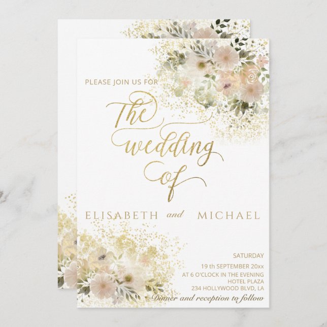 Convite Rosa suave floral romântico caligrafia a ouro (Frente/Verso)