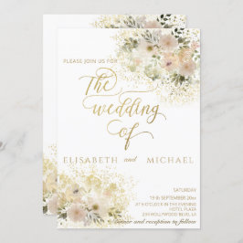 Convite Rosa suave floral romântico caligrafia a ouro