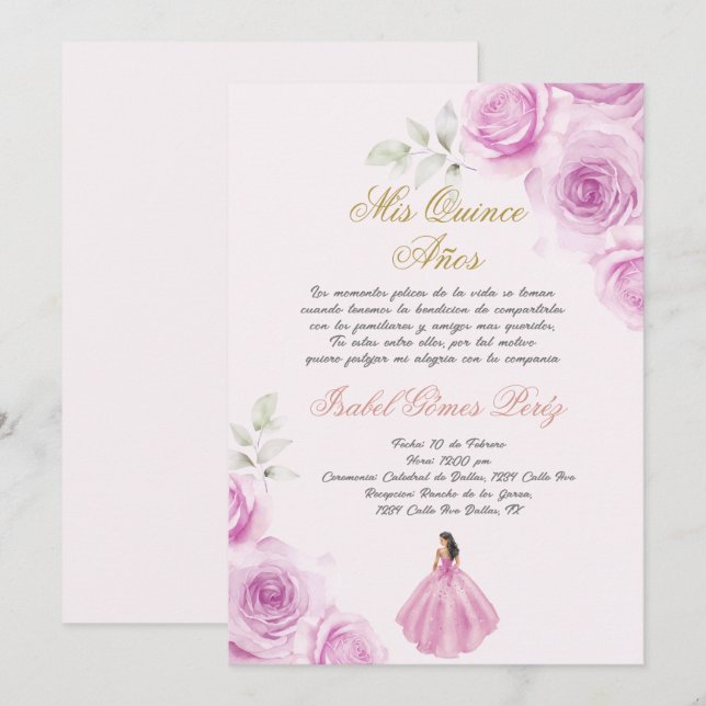 Convite Rosa suave Quinceanera em espanhol (Frente/Verso)