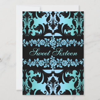 Convite Rosa Sweet16 Damask Blue Birthday Invite