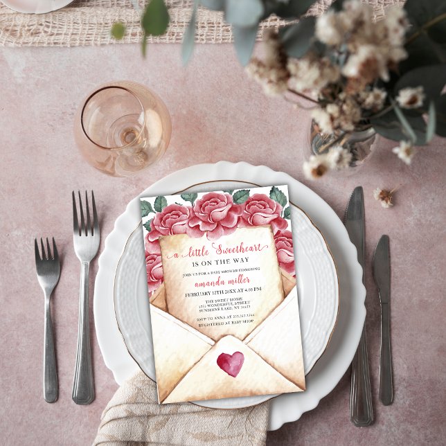 Convite Rosa Swetheart - Chá de fraldas Namorados (Rose Sweetheart Letter Valentine Baby Shower Invitation)