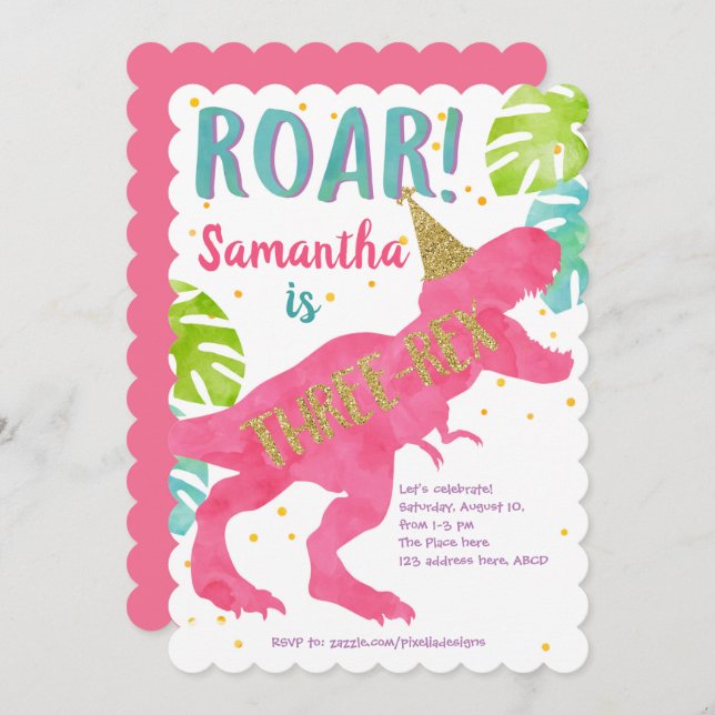 Convite Rosa, T-rex, Dinossauro, Rapariga, aniversário de  (Frente/Verso)