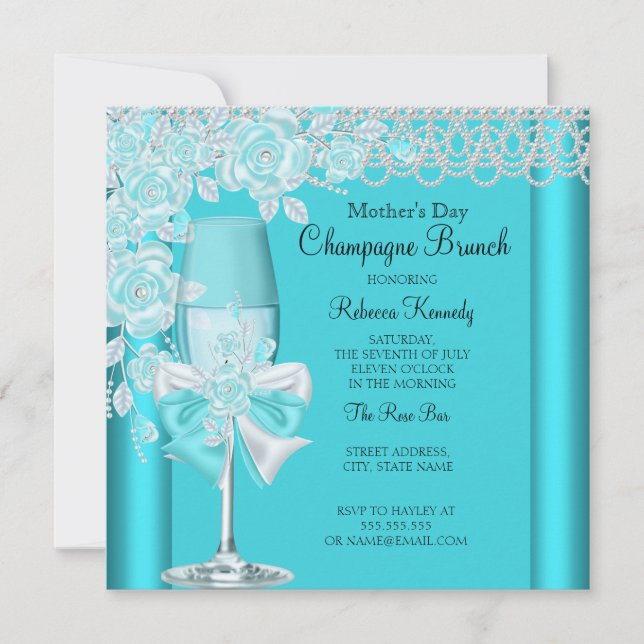 Convite Rosa Teal Bonito Champagne Brunch 2C (Frente)