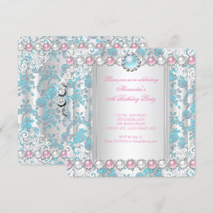Convite Rosa Teal Damascado Branco Rosa Pérola Festa de An