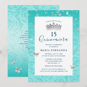 Convite Rosa Teal Silver Crown Floral Elegante Quinceanera