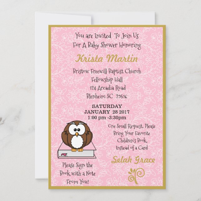 Convite Rosa Traga um Chá de fraldas de Livro (Frente)