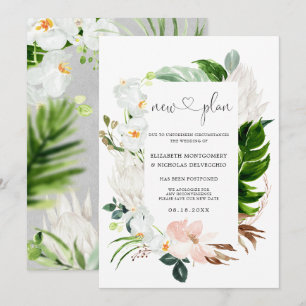Convite Rosa Tropical Floral Branco Casamento Adiado