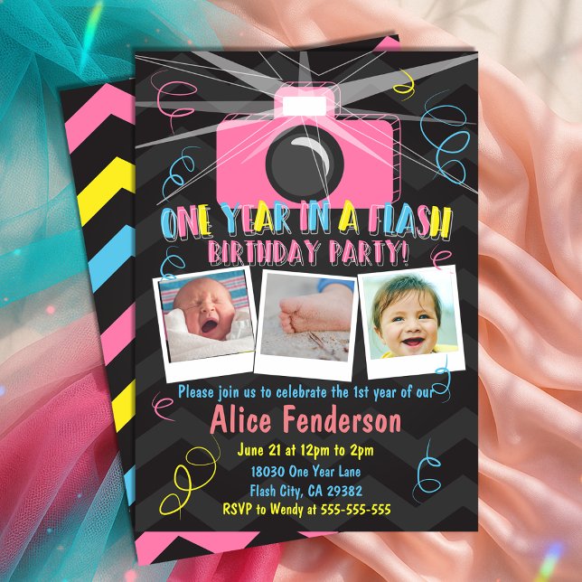 Convite Rosa Um Ano em uma Foto do Primeiro Aniversário do (Pink One Year in a Flash Birthday Photo Invitation
)
