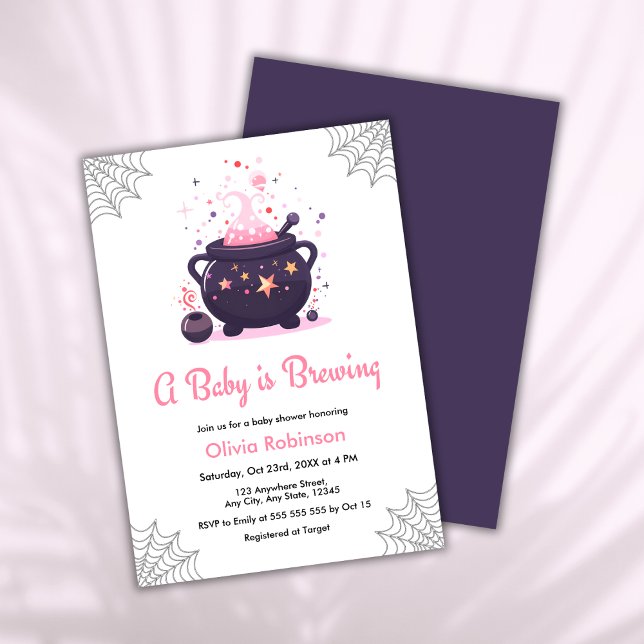 Convite Rosa Um Bebê Está A Criar Chá de fraldas De Hallow (Pink A Baby is Brewing Cauldron Halloween Girl Baby Shower Invitation  )