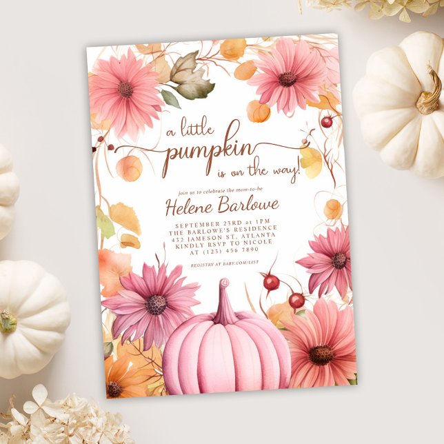 Convite Rosa, Um Pequeno Chá de fraldas De Abóbora (Pink A Little Pumpkin Fall Baby Shower Invitation)