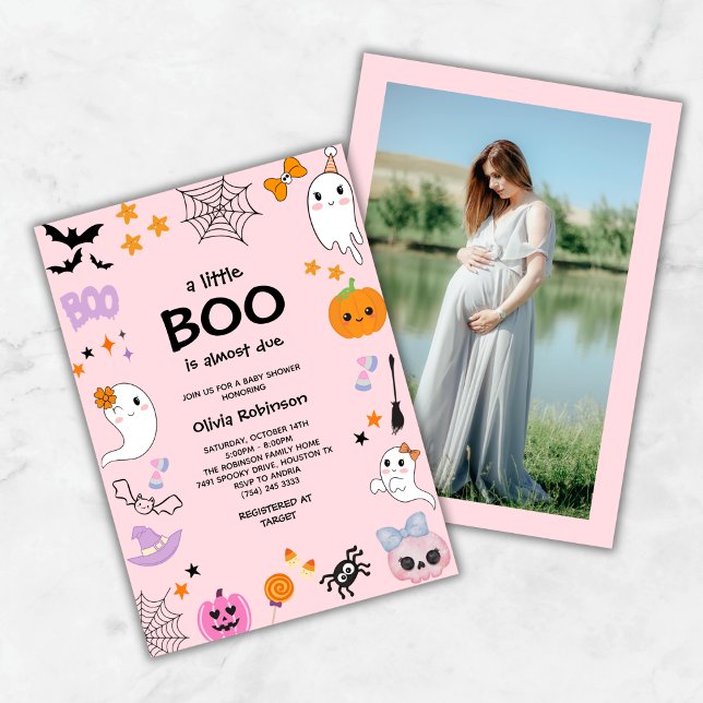 Convite Rosa, Um Pequeno Chá de fraldas de Foto Bonito de  (Pink A Little Boo Cute Ghost Photo Halloween Baby Shower Invitation  )