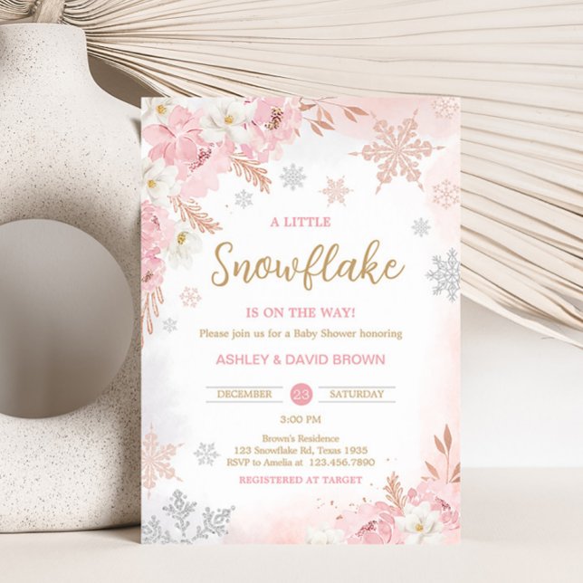Convite Rosa Um Pequeno Chá de fraldas Floco de Neve (Pink Little Snowflakes is on the way Baby Shower Invitation)