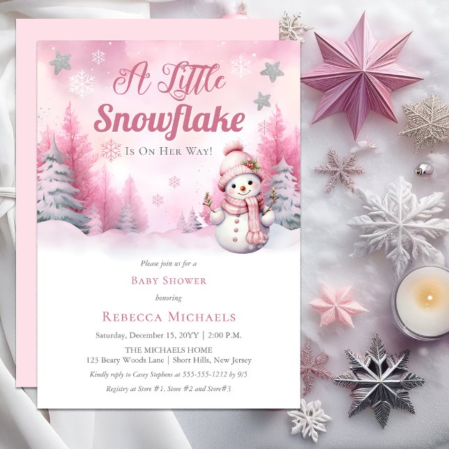 Convite Rosa Um Pequeno Floco De Neve | Chá de fraldas de  (Pink A Little Snowflake | Snow Girl Baby Shower Invitation)