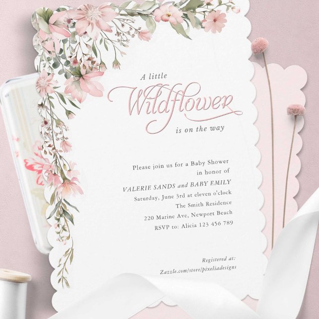 Convite rosa, um pouco de Chá da Baby Girl (A little wildflower themed baby girl shower invitation. Pink watercolor Wildflower.)