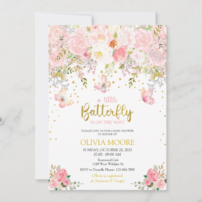 Convite Rosa Um pouco de chá de fraldas de borboleta (Frente)