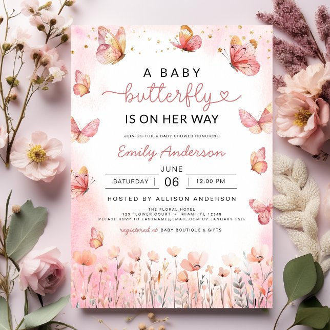 Convite Rosa Uma Borboleta Bebê está a caminho Chá Raparig (Criador carregado)