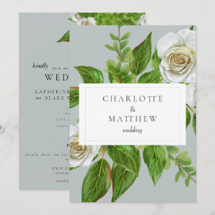 Convite Rosa Verde Elegante Branco Site de Casamento