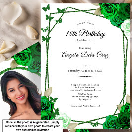 Convite Rosa Verde Esmeralda Elegante Debut de 18 Anos