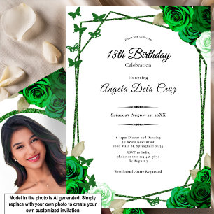 Convite Rosa Verde Esmeralda Elegante Debut de 18 Anos