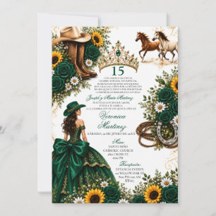Convite Rosa Verde Girassol Cavalos Ocidentais Quinceañera