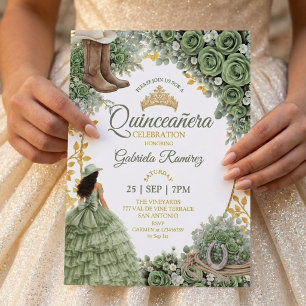 Convite Rosa Verde Sálvia Ocidental Dourada Quinceañera Co