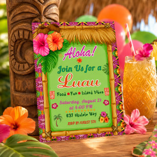 Convite Rosa Verde Tropical Luau Aloha
