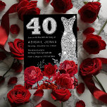 Convite Rosa vermelha aniversário de 40 anos preto de diam<br><div class="desc">Rosa vermelha Silver Diamond Dress Black aniversário de 40 anos Convocação Ver coleção correspondente em Niche e Nest Store</div>