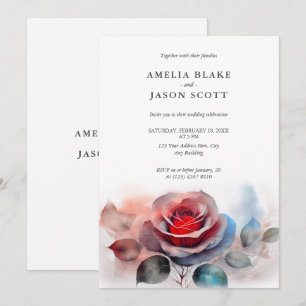 Convite Rosa vermelha Azul de Aquarela no Casamento Branco