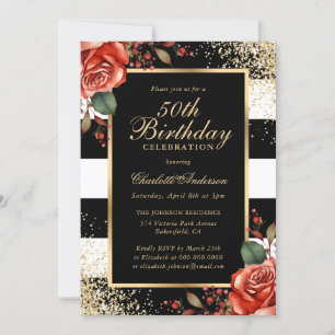 Convite Rosa vermelha Black Dourado Confetti 50º Aniversár