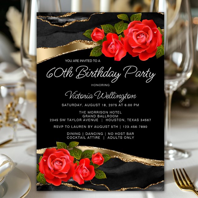 Convite Rosa vermelha Black Dourado Qualquer Número Aniver (Pretty red roses on an elegant black and gold background any number birthday and event invitation.)