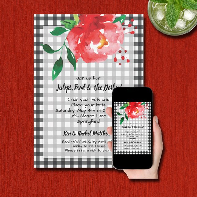 Convite Rosa vermelha Black Gingham Derby Party (INSTANT DOWNLOAD and/or PRINTED red rose on gingham Derby party invitations )