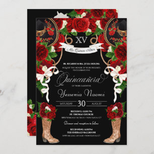 Convite Rosa vermelha & Black Mariachi Vaquera Quinceanera