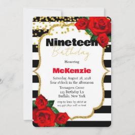 Convite Rosa vermelha Black Stripes 19ª Festa de aniversár