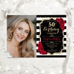 Convite Rosa vermelha Black White Stripes Foto 50º Anivers<br><div class="desc">Elegante convite floral feminino para o 50º aniversário com sua foto. Design branco preto-claro com ouro brilhante. Apresenta faixas pretas e brancas, rosas vermelhas, fontes de script e confetti. Perfeito para uma festa de comemoração de na moda adulto. Personalize com seus próprios detalhes. Pode ser personalizado para qualquer idade! Impressos...</div>