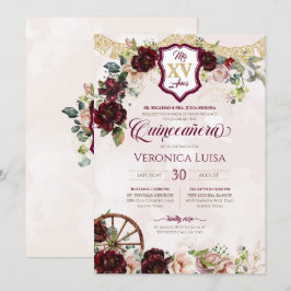Convite Rosa vermelha Borgonha Elegante Charro Quinceanera