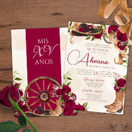Convite Rosa vermelha Burgundy Charro Western Quinceanera