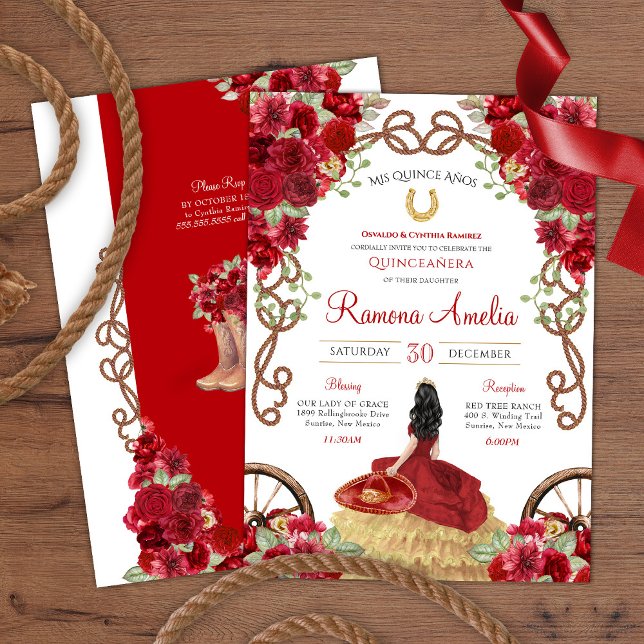 Convite Rosa vermelha Charra Western Quinceañera (Criador carregado)