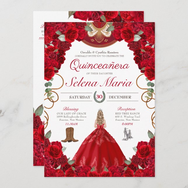 Convite Rosa vermelha Charro Elegant Peonies Rosa de Quinc (Frente/Verso)