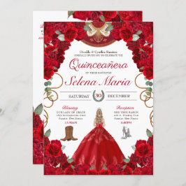 Convite Rosa vermelha Charro Elegant Peonies Rosa de Quinc