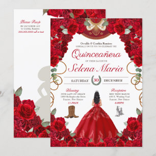 Convite Rosa vermelha Charro Elegante Cor Biológica Quince