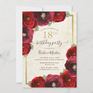 Convite Rosa vermelha Chic Watercolor Floral Dourado 18º A