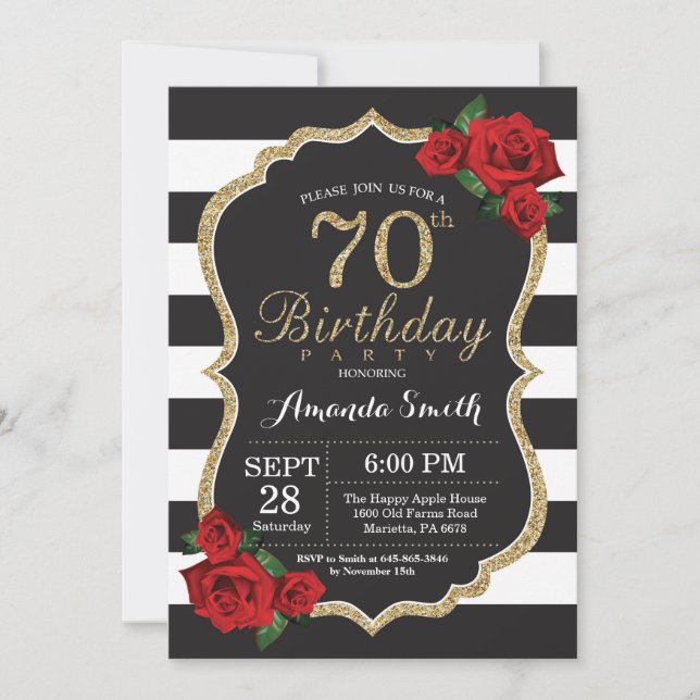 Convite Rosa vermelha de Aniversário de 70 de  - Glitter D (Frente)