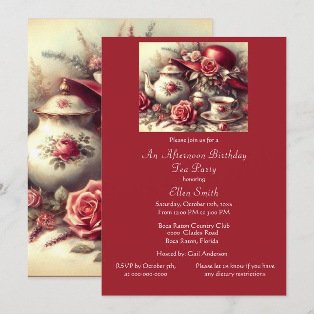 Convite Rosa vermelha de Festa de Aniversário Elegante (Frente/Verso)