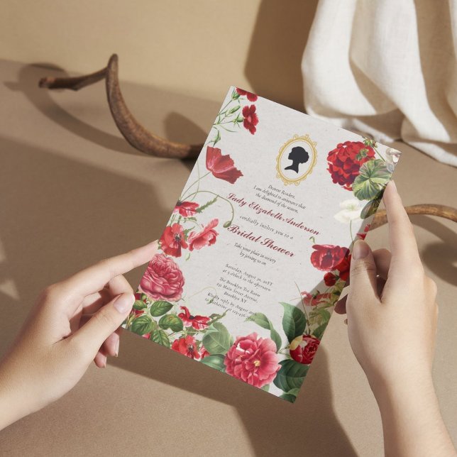 Convite Rosa vermelha de orçamento Florals Bridgerton Chá  (Criador carregado)