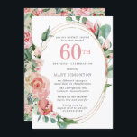 Convite Rosa vermelha de Pastel Floral 60ª Festa de aniver<br><div class="desc">Um vermelho pastel macio que é quase cor-de-rosa cria um belo design floral neste elegante convite de 60 anos. As rosas vermelhas estão aninhadas em folhas verdes profundas. As rosas e folhas decoram uma moldura de ouro com vários fios. O 60º está escrito em um grande texto vermelho. O resto...</div>